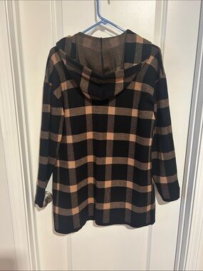Anne Klein Black and Tan Plaid Hooded Coatigan